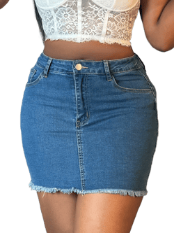 Women's Stretchy Bodycon Denim Mini Skirt High Waisted Button & Zip Closure Distressed Hem Skinny Tight Jeans Skirt For Casual Outfit