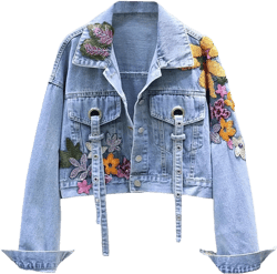 Women's Patchwork Denim Jacket Floral Embroidery Long Sleeve Lapel Short Casual Jacket Coats Medium Blue