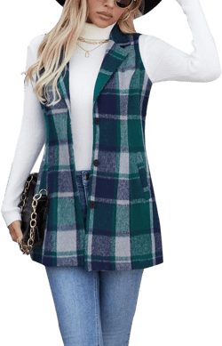 olrain Women Flannel Plaid Sleeveless Blazer Vest Lapel Neck Button Down Long Jacket Outwear Coat With Pockets Fall Winter