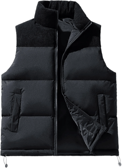 Men's Down Vests Full Zip Up Thick Cotton Windproof Stand Collar Solid Color Lightweight Jackets Sleeveless Coat