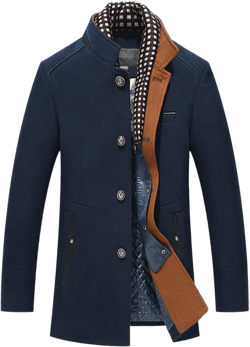 Men's Wool Blend Coat Single Breasted Trench Coat Winter Warm Pea Coats Woolen Jackets with Detachable Scarf Small Navy