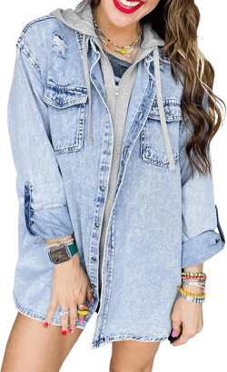 Ecosunny Womens Casual Long Sleeve Button Down Shirt Jacket Oversized Contrast Hooded Denim Lightweight Coat Tops at Amazon Women's Coats Shop