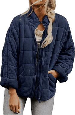 Quilted Jackets for Women Women's Causal Lightweight Stand Collar Long Sleeve Oversized Zip Up Winter Coats Navy Small