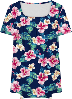 Women's Plus Size Tops Petal Print Short Sleeve T Shirts Casual Square Neck Pleated Tee 2025 Loose Fit Flowy Blouse A01-navy 4X-Large