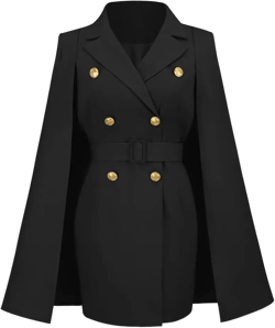 Cresay Women Double Breasted Pea Coat Open Slit Sleeve Trench Coat Lapel Dresses Outwear Cape Blazer
