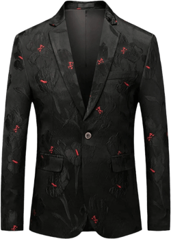 Black Floral Jacquard Blazer for Men Slim Fit Wedding Groom Blazer Suit Jacket Male Fashion Stage Costume 4X-Large Black