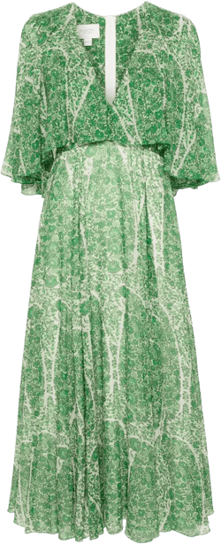 botanical-print silk midi dress