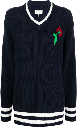 floral-embroidered V-neck jumper