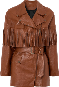 Belted fringed leather jacket