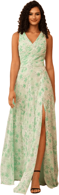 MOEVIO Women's Sexy Deep-V Neck Wrap And Ruched Chiffon Floral Print A-Line Split Thigh Boho Formal Bridesmaid Wedding Guest Party Bridal Shower Dress For Spring Summer Vacation Beach Daily Outfit