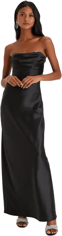 Exquisite Shine Black Satin Rhinestone Strapless Maxi Dress