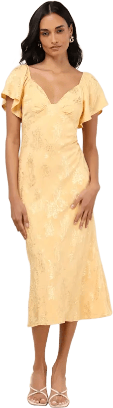 Effervescent Afternoon Yellow Satin Flutter Sleeve Midi Dress