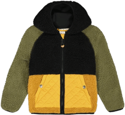 Deux par Deux Boy Faux Shearling Mid-Season Colorblock Jacket Black, Tan, and Olive Green - 3 Years