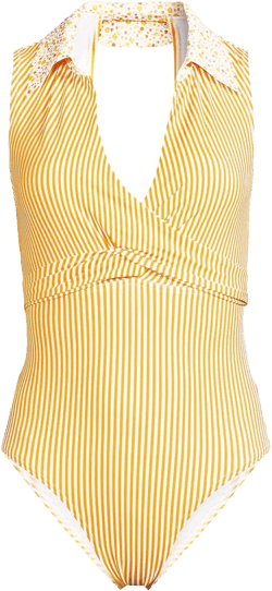 Lands' End Women's Polo High Leg One Piece Swimsuit - 18 - Yellow Multi Floral/Stripe