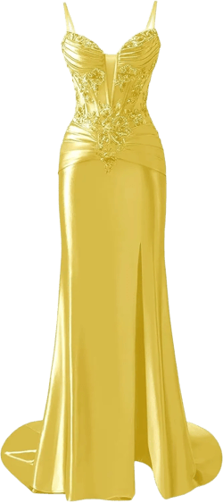 Mermaid Prom Dresses Long for Women Spaghetti Straps Formal Gown Satin Lace Evening Dress with Slit 16 Yellow