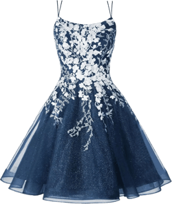 CWOAPO Sparkly Lace Applique Homecoming Dresses for Teens Short Corset Tulle Spaghetti Strap Prom Cocktail Party Dress 8 Navy Blue