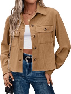 Zeagoo Womens Fashion Cropped Shackets Corduroy Button Down Crop Jackets Tops Long Sleeve Shirts Trendy 2025 Camel Medium