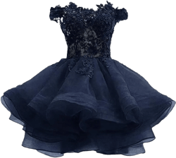 Tsbridal Women's Off The Shoulder Organza Short Homecoming Dress Lace Applique Junior Formal Cocktail Party Gown Navy Blue-lace Up Back 4