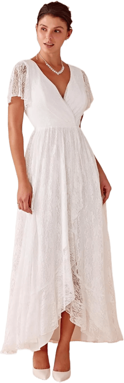 Ever-Pretty Women's Lace V Neck Ruffles Sleeves Pleated Empire Waist A-Line Maxi Formal Dresses 01489 28 White