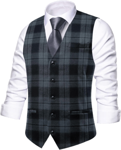 Hi-Tie Mens Plaid Solid V-Neck Suit Vest Slim Fit Waistcoat 3 Pockets Formal Casual Tuxedo for Wedding or Business Large Black Gray
