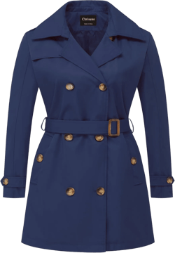 Chrisuno Women's Plus Size Double Breasted Trench Coats Mid-Length Belted Overcoat Dress Jacket with Detachable Hood 5X Navy Blue