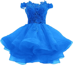 Tsbridal Women's Off The Shoulder Organza Short Homecoming Dress Lace Applique Junior Formal Cocktail Party Gown Ocean Blue-lace Up Back 16
