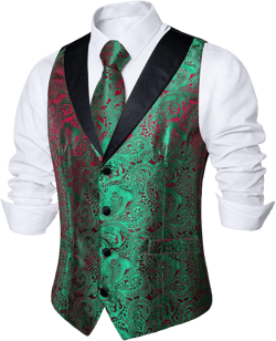 DiBanGu Mens Paisley Suit Vest Silk Jacquard Waistcoat and Necktie Set Formal Shawl Collar Dress Vest 7PCS for Wedding Party 3X-Large Green and Red