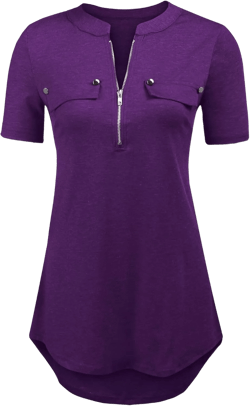 LuckyMore Women's Short Sleeve Zip Flowy Tunic Tops Business Casual Work Office Blouses Shirts (M-3XL) X-Large Purple