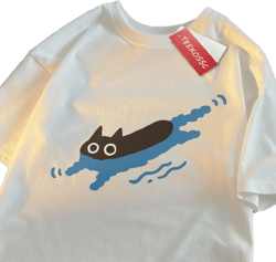 Couple T-Shirts – Black Cat Diving Print, Loose Cotton Short-Sleeve Tee