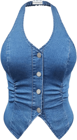 OYOANGLE Women's Plus Size Button Front Halter Denim Vest Tops Sleeveless Slit Hem Ruched Jean Tank Top XX-Large Plus Medium Wash