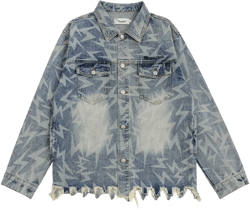Men Denim Jacket Lightning Printed Jacket Coat Washed Distressed Denim Jacket