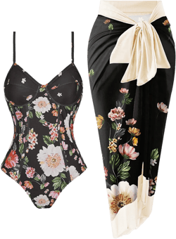 Women's One Piece Swimsuit with Beach Cover Up Retro Floral Print Bathing Suits with Coverup Set Sarong Wrap Swim Suit 1 Piece Swimwear Set with Matching Skirt Black Floral XX-Large