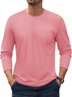 TACVASEN Men's Cotton Casual Long Sleeve Shirt with Chest Pocket Classic Crew Neck Tees Gray Pink Large