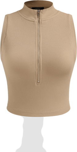 Rib Solid High Neck Zipper Crop Tank Top