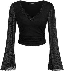 Lace V-neck Bowknot Ruched Long Sleeve Top