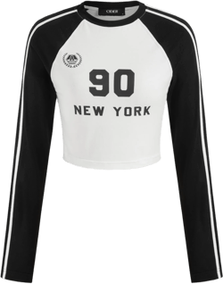 NEW YORK 90 Cotton-blend Round Neckline Side Striped Raglan Sleeve Crop Tee