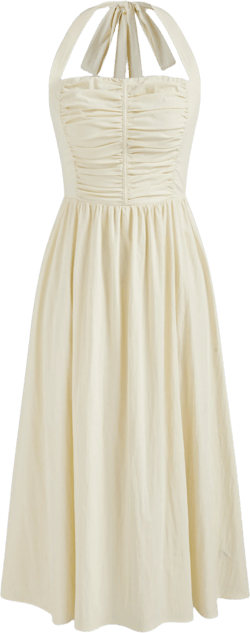 Halter Shirred Knotted Midi Dress