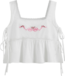 100% Cotton Square Neck Floral Bowknot Embroidery Lace Trim Ruffle Hem Tie Side Crop Tank Top