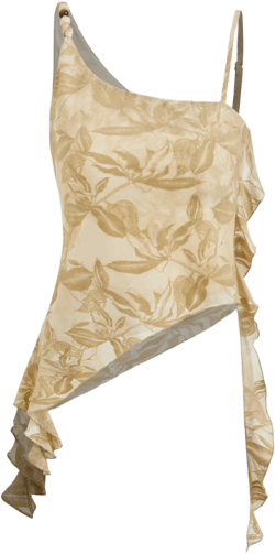 Asymmetrical Neck Floral Ruffle Hem Beaded Crop Cami Top
