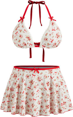 V-neck Floral Bowknot Halter Bikini Set & Cover Up Skirt Curve & Plus