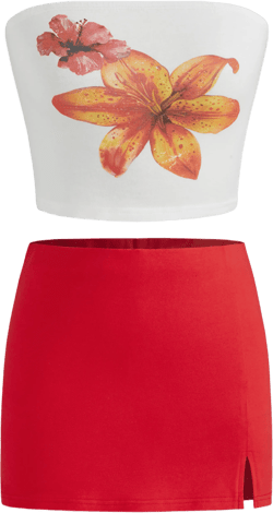 Cotton-blend Floral Crop Tube Top & Mid Rise Solid Split Mini Skirt Set