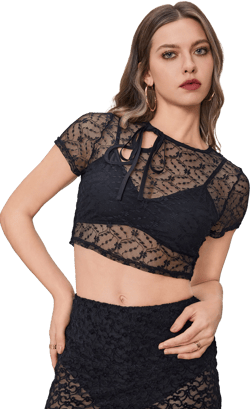 Floral Lace Cut Out Short Sleeve Crop Blouse
