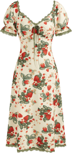 Square Neck Strawberry Graphic Contrasting Lace Trim Midi Dress
