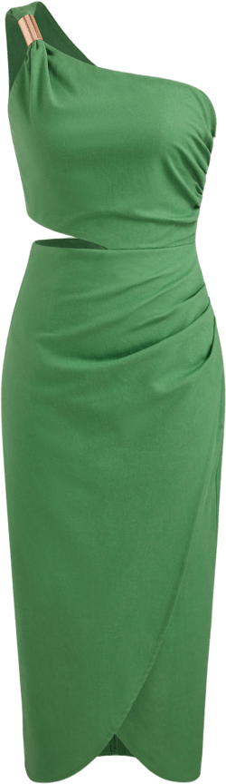 Linen-blend Asymmetrical Neck Solid Metal Detail Cut Out Ruched Midi Dress