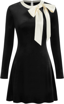 Velvet Round Neckline Solid Bowknot Mini Dress