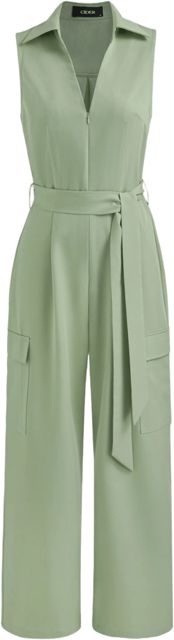 Woven Collar Pocket Solid Straight Leg Jumpsuit With Belt