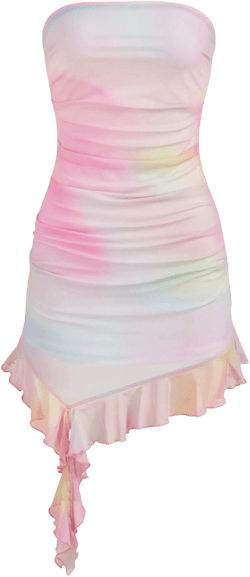 Mesh Tie Dye Ruched Asymmetrical Hem Tube Mini Dress