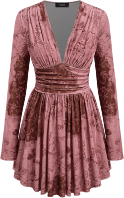 Velvet V-neck Floral Ruched Mini Dress