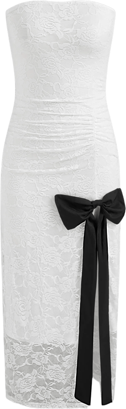 Bowknot Solid Rose Lace Tube Maxi Dress