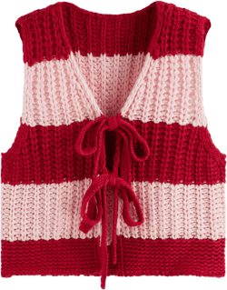 Knit V-neck Two Tone Striped Tie Front Bow Oversized Vest